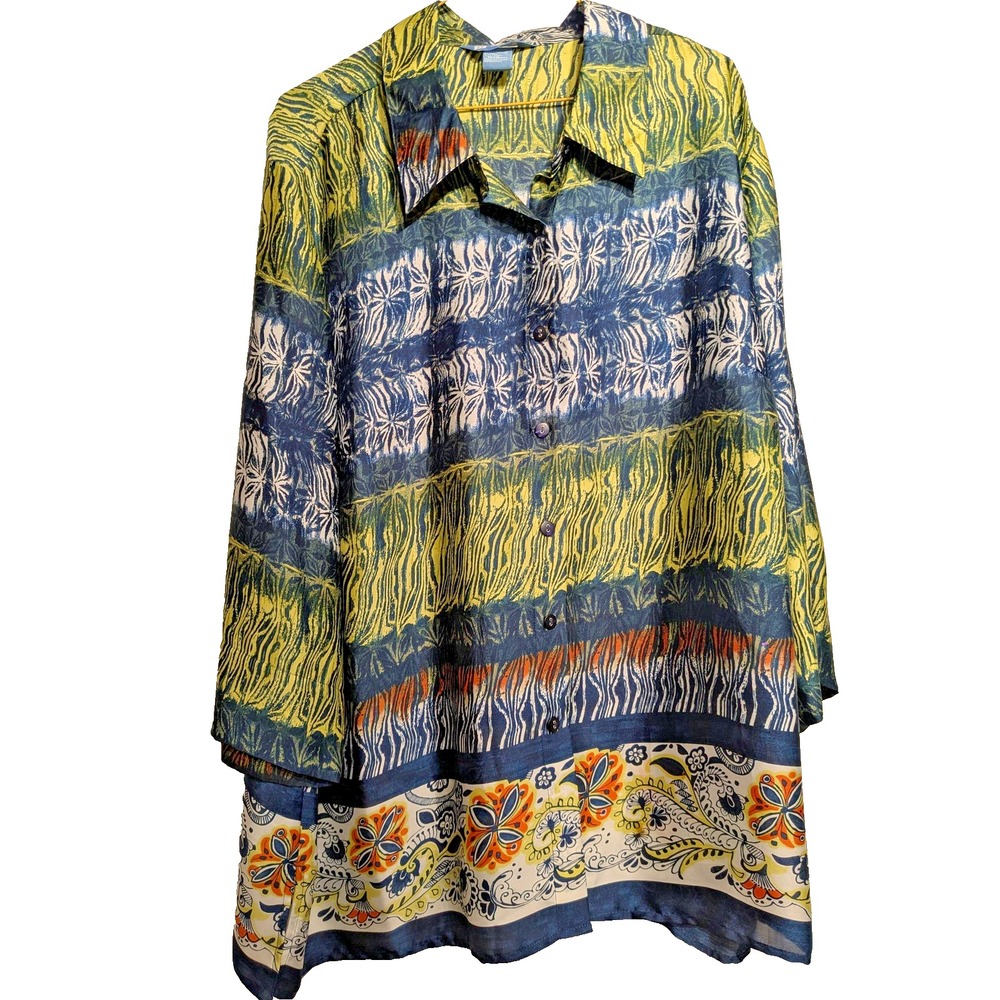Koret Shirt Womens 1X Blue Green Button Front 3/4 Sleeve Floral Border Blouse